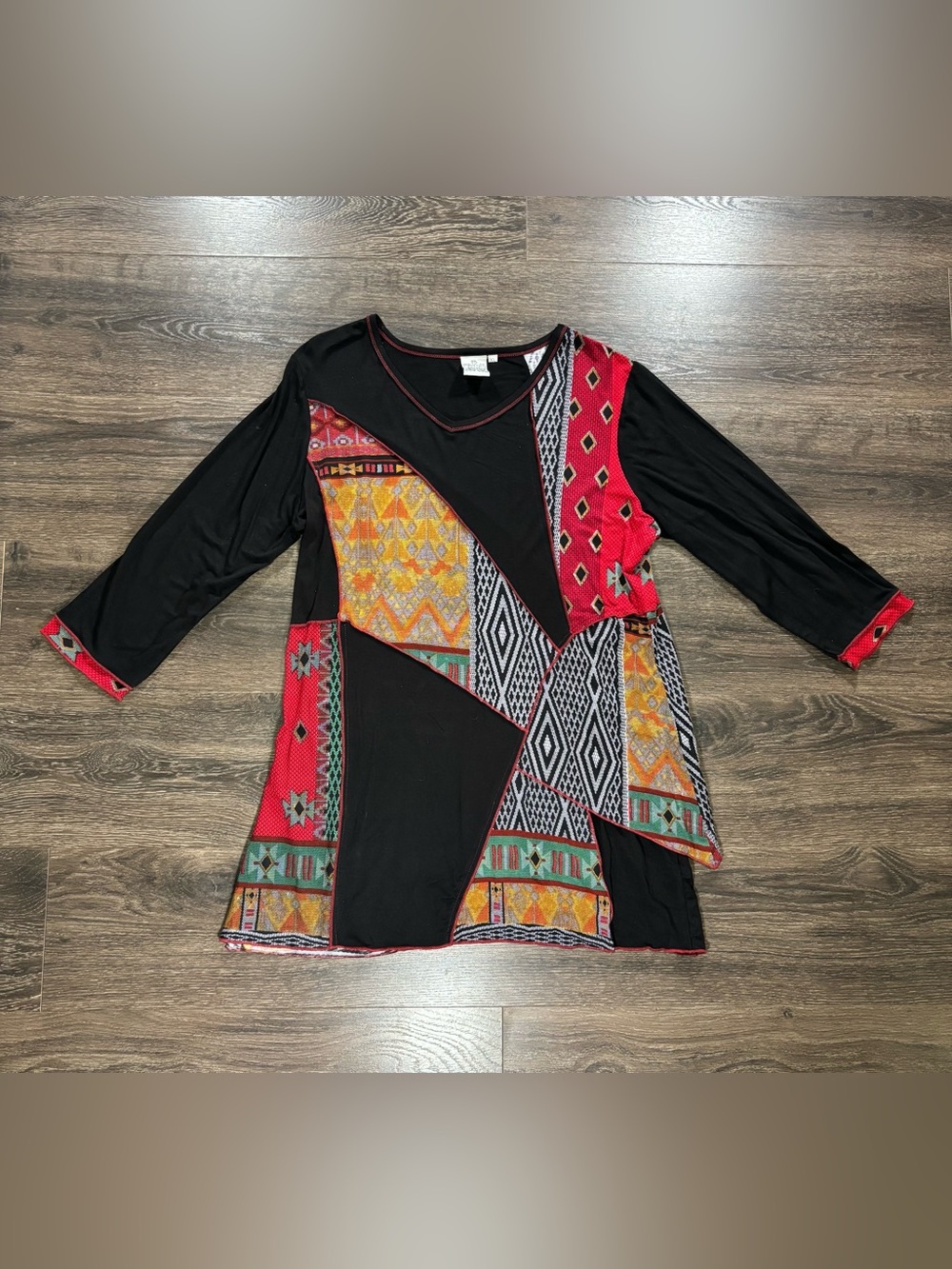 Black Patchwork Print Women's Tunic Dress Hippie
